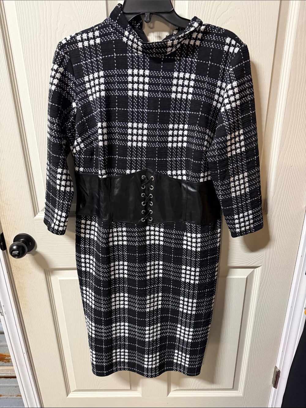 New York & Company Black and White Plaid Midi Dress with Corset Panel